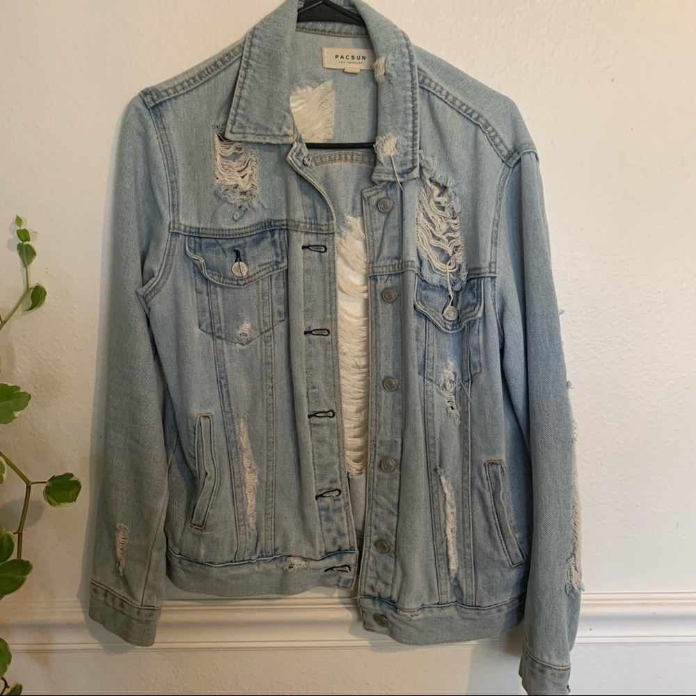 Light wash distressed denim jacket